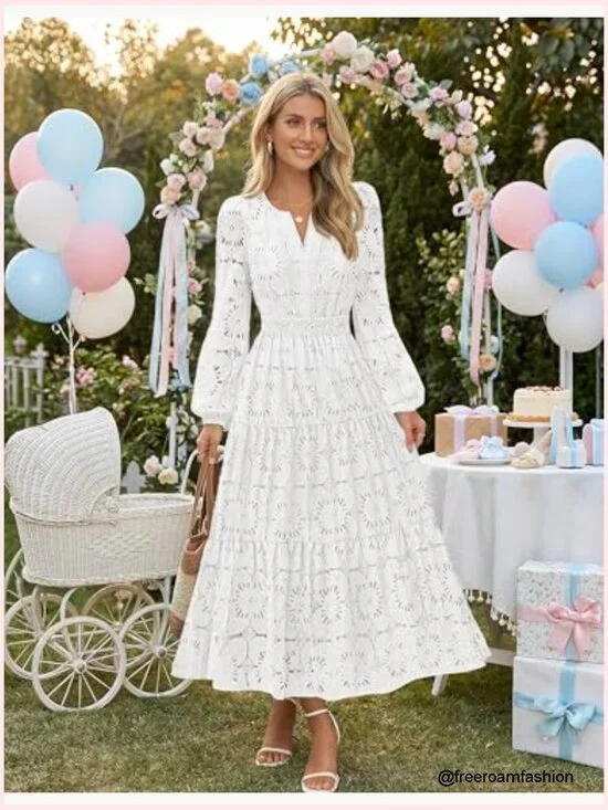 Long Sleeve Floral Maxi Dress with Pockets, Lace Eyelet Boho Formal - Picture 6 of 7